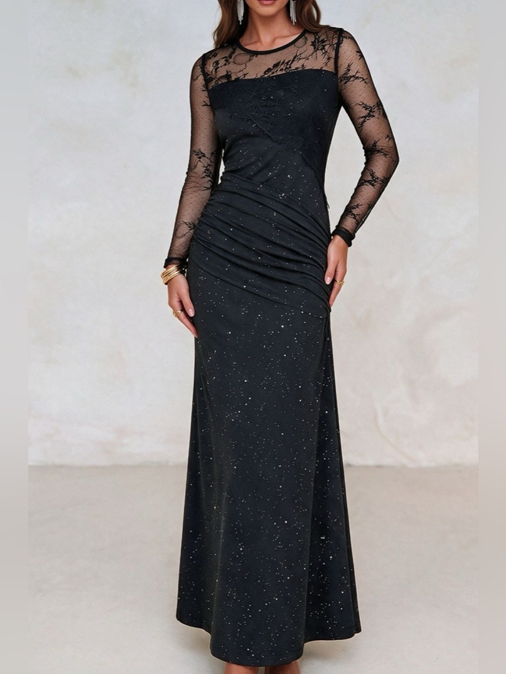 Glitter Mesh Long Sleeve Maxi Dress